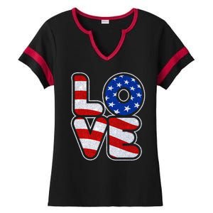 LOVE Red White And Blue Stars And Stripes Ladies Halftime Notch Neck Tee