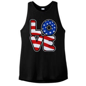 LOVE Red White And Blue Stars And Stripes Ladies PosiCharge Tri-Blend Wicking Tank