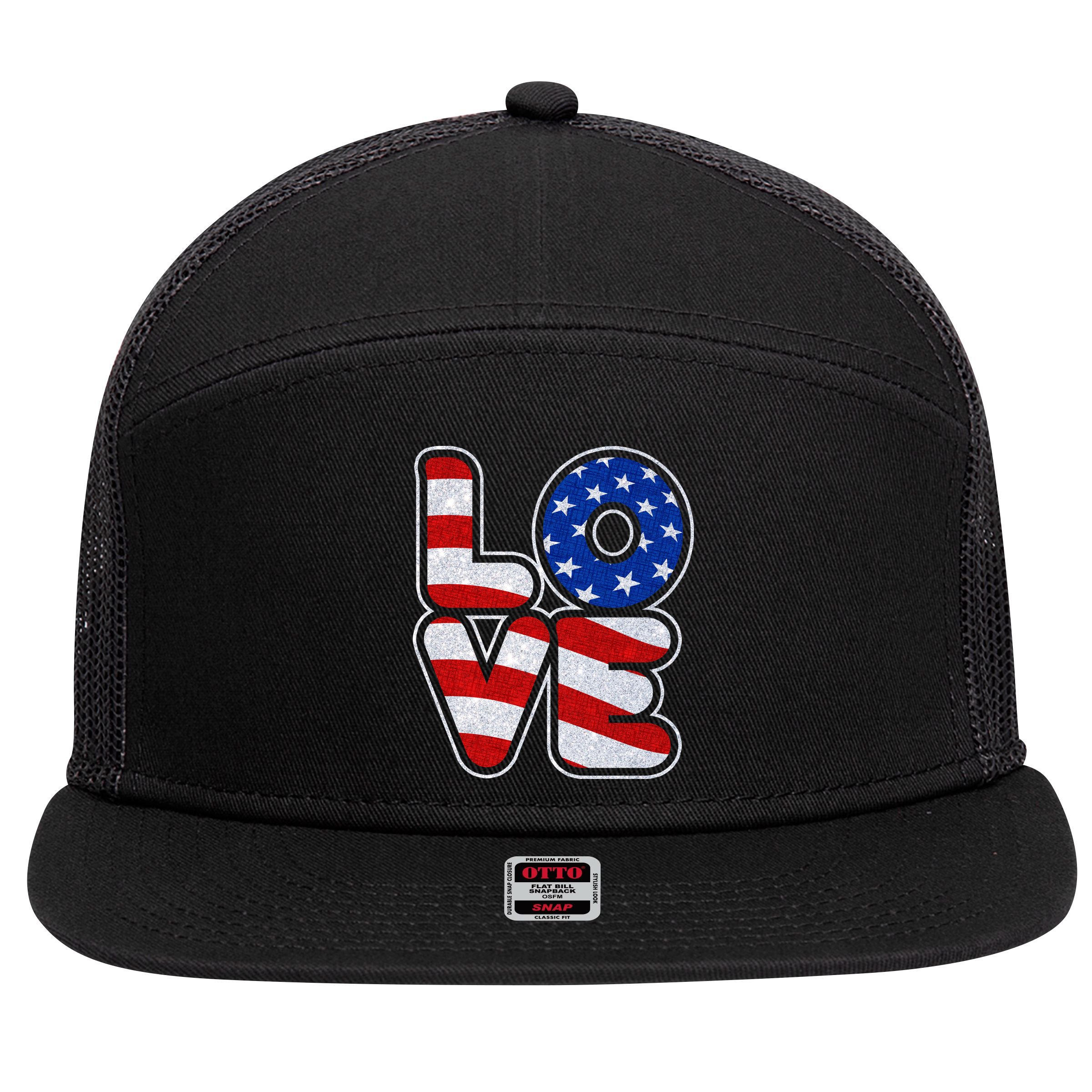 LOVE Red White And Blue Stars And Stripes 7 Panel Mesh Trucker Snapback Hat