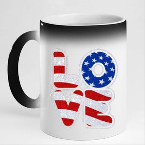 LOVE Red White And Blue Stars And Stripes 11oz Black Color Changing Mug