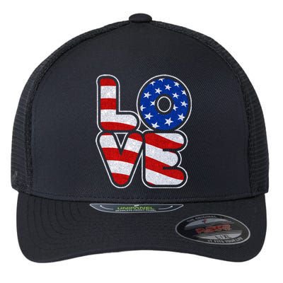 LOVE Red White And Blue Stars And Stripes Flexfit Unipanel Trucker Cap