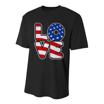 LOVE Red White And Blue Stars And Stripes Youth Performance Sprint T-Shirt