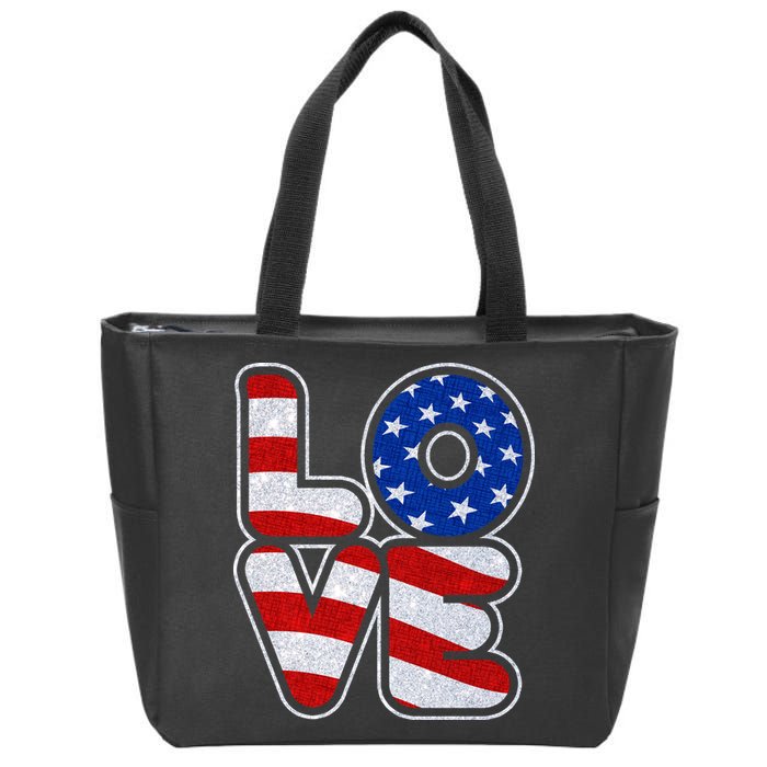 LOVE Red White And Blue Stars And Stripes Zip Tote Bag