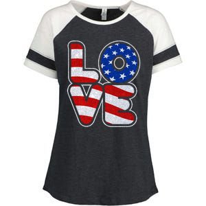 LOVE Red White And Blue Stars And Stripes Enza Ladies Jersey Colorblock Tee