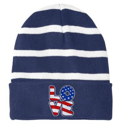 LOVE Red White And Blue Stars And Stripes Striped Beanie with Solid Band