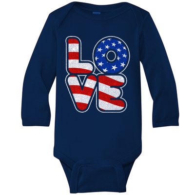 LOVE Red White And Blue Stars And Stripes Baby Long Sleeve Bodysuit