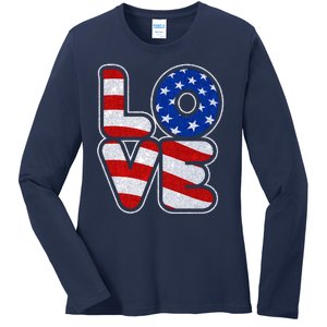 LOVE Red White And Blue Stars And Stripes Ladies Long Sleeve Shirt