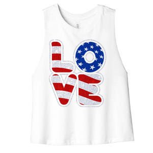 LOVE Red White And Blue Stars And Stripes Women's Racerback Cropped Tank