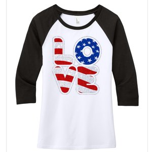 LOVE Red White And Blue Stars And Stripes Women's Tri-Blend 3/4-Sleeve Raglan Shirt