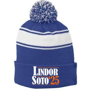 Lindor Soto 25 New York Fan Stripe Pom Pom Beanie