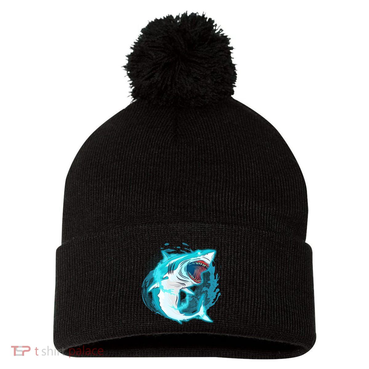 Leaping Shark Attack Pom Pom 12in Knit Beanie