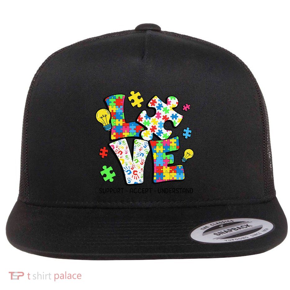 Love Support Accept Understand Autism Awareness Flat Bill Trucker Hat