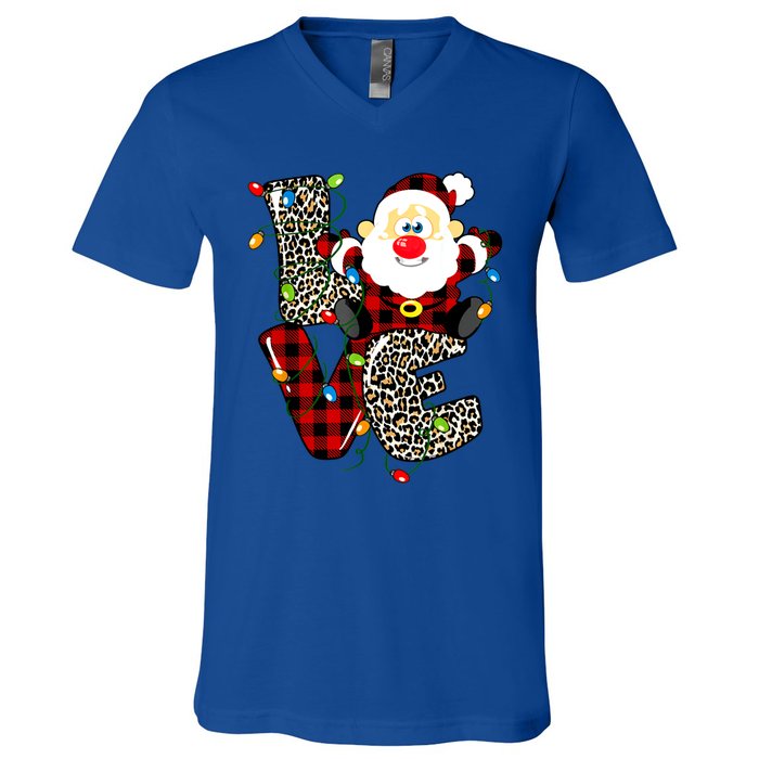 Love S Anta Claus B Uffalo Plaid R Ed Leopard Christmas Gift V-Neck T-Shirt