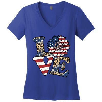 Leopard Sunflower America Us Fourth Flag 4th Of July Patriot Gift Women's V-Neck T-Shirt