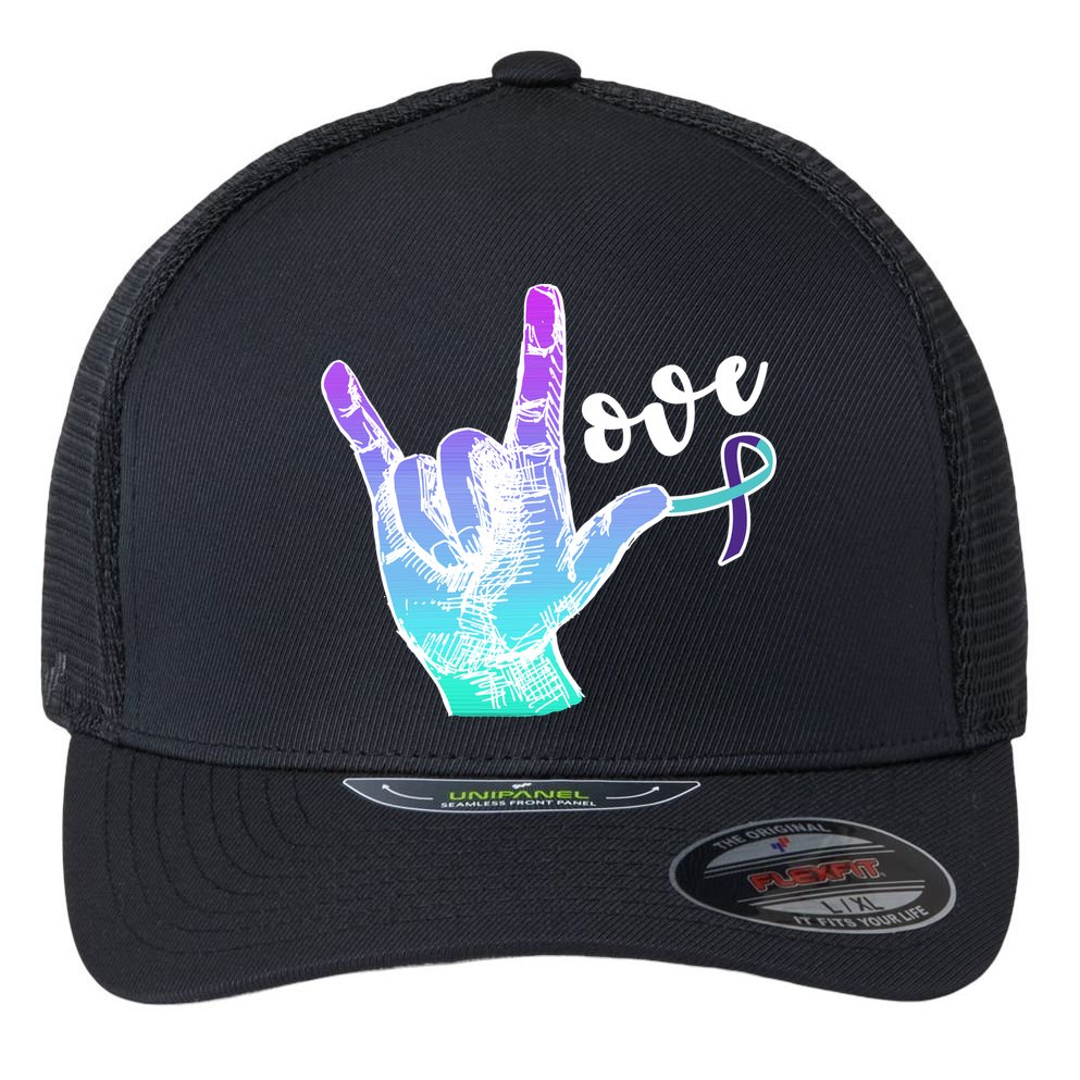 Love Suicide Awareness Sign Language Flexfit Unipanel Trucker Cap