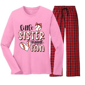 Little Sister Biggest Fan Baseball Game Day Women's Long Sleeve Flannel Pajama Set 