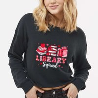 Library Squad Book Leopard Hearts Librarian Valentines Day Cropped Pullover Crew
