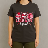 Library Squad Book Leopard Hearts Librarian Valentines Day T-Shirt