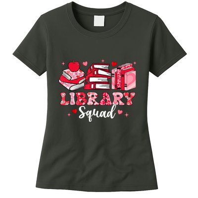 Library Squad Book Leopard Hearts Librarian Valentines Day Womens T-Shirt