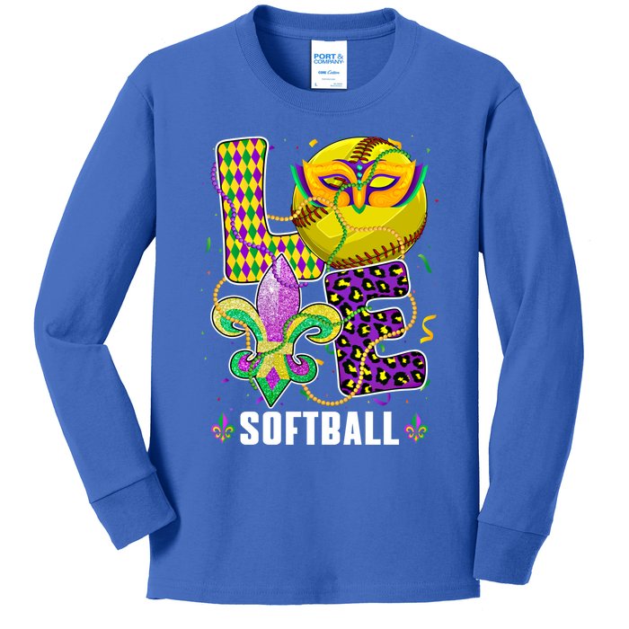 Love Softball Ball Leopard Mardi Gras Fat Tuesday Parade Gift Kids Long Sleeve Shirt