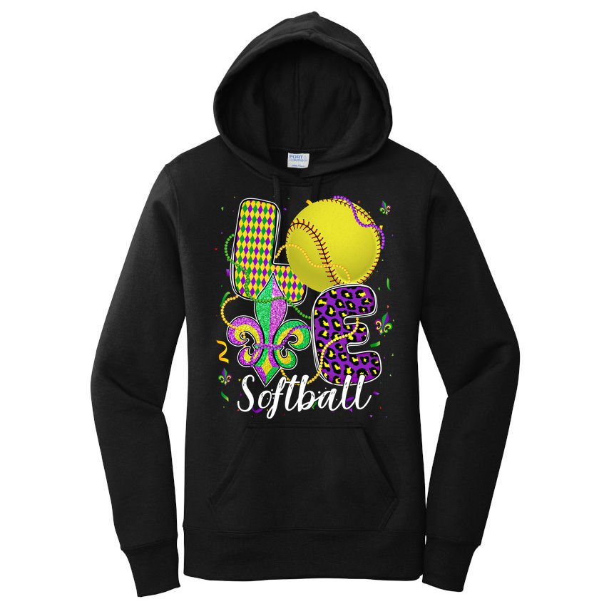 Love Softball Ball And Fleur De Lis Beads Fat Tuesday Parade Cool Gift Women's Pullover Hoodie