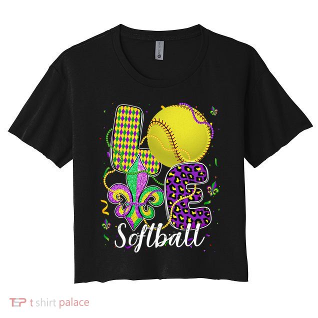 Love Softball Ball And Fleur De Lis Beads Fat Tuesday Parade Cool Gift Crop Top