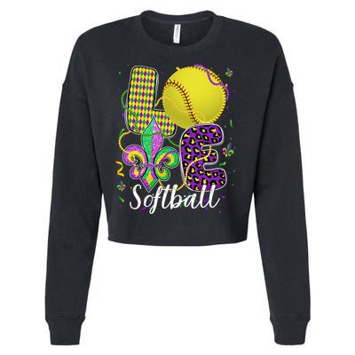 Love Softball Ball And Fleur De Lis Beads Fat Tuesday Parade Cool Gift Cropped Pullover Crew