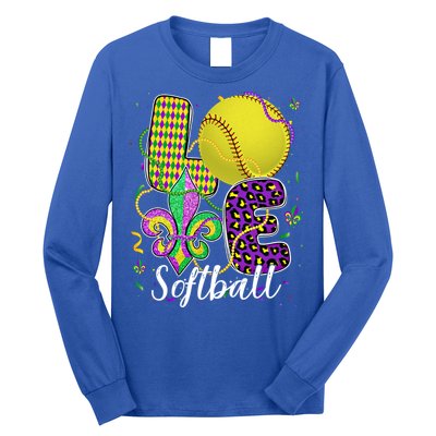 Love Softball Ball And Fleur De Lis Beads Fat Tuesday Parade Cool Gift Long Sleeve Shirt
