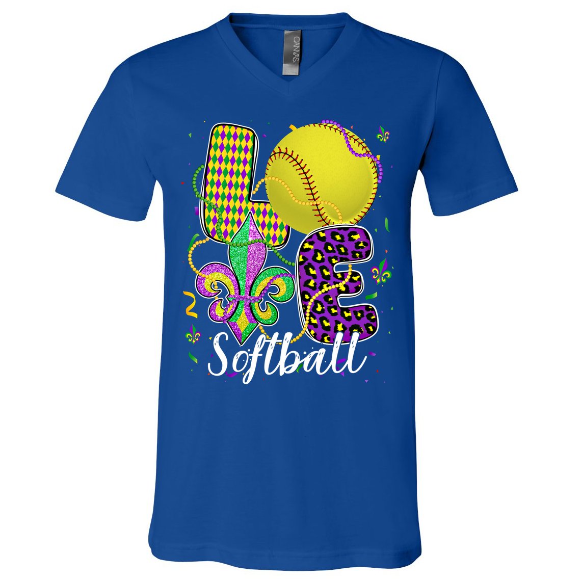 Love Softball Ball And Fleur De Lis Beads Fat Tuesday Parade Cool Gift V-Neck T-Shirt