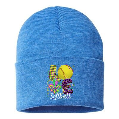 Love Softball Ball And Fleur De Lis Beads Fat Tuesday Parade Cool Gift Sustainable Knit Beanie