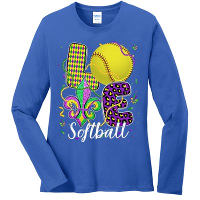 Love Softball Ball And Fleur De Lis Beads Fat Tuesday Parade Cool Gift Ladies Long Sleeve Shirt