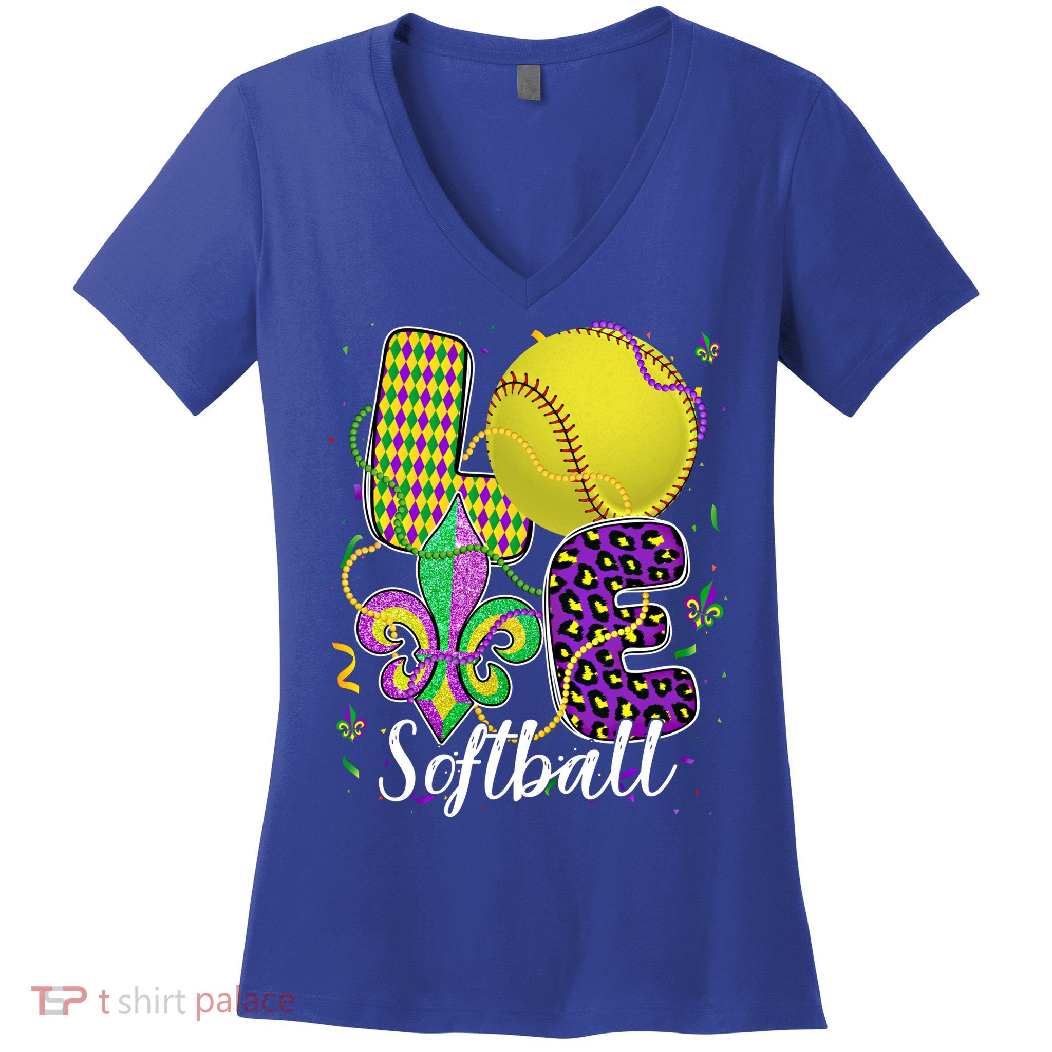 Love Softball Ball And Fleur De Lis Beads Fat Tuesday Parade Cool Gift Women's V-Neck T-Shirt