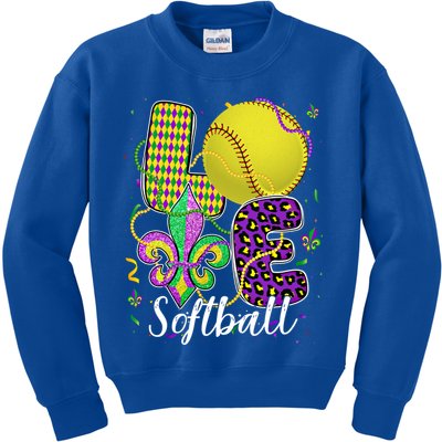 Love Softball Ball And Fleur De Lis Beads Fat Tuesday Parade Cool Gift Kids Sweatshirt