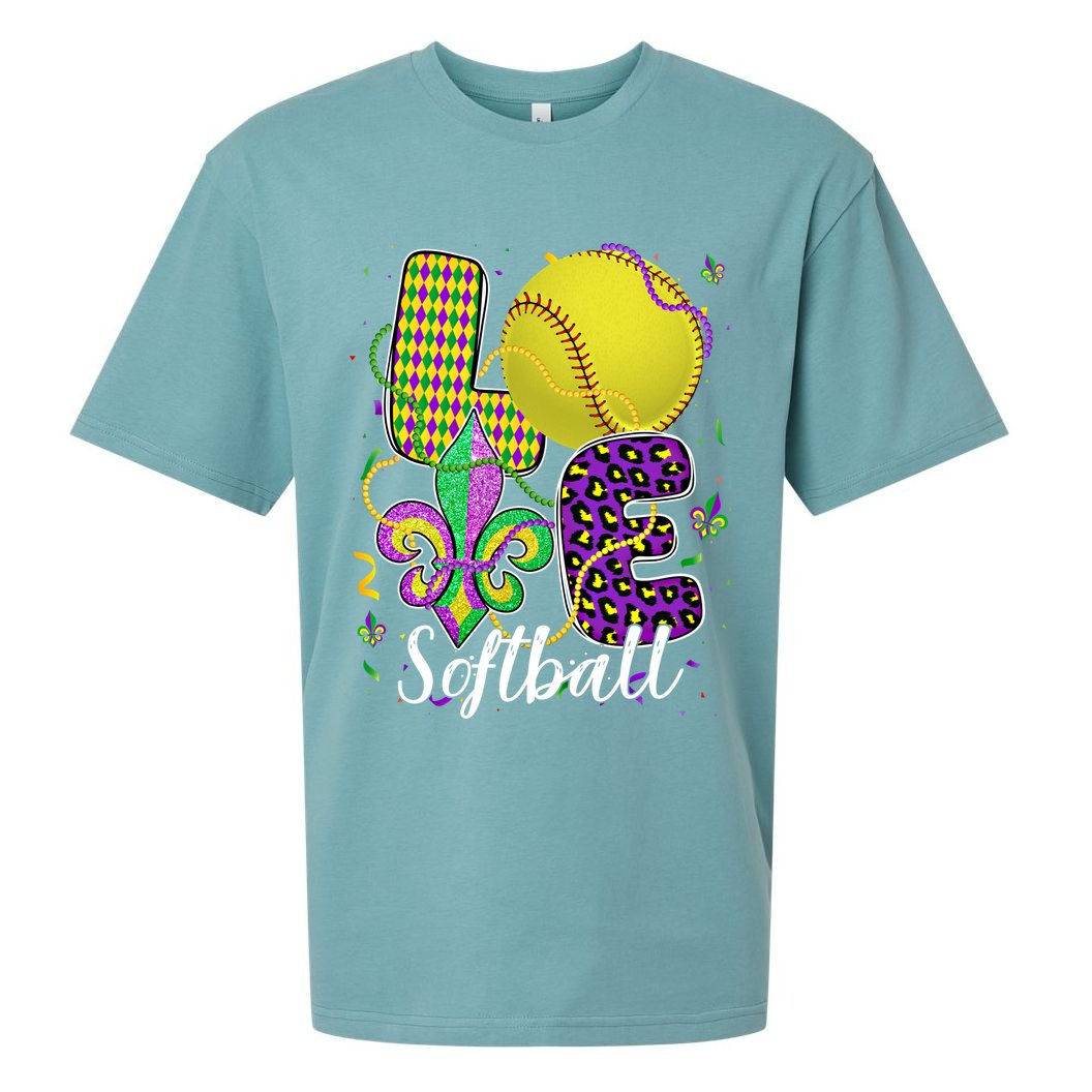 Love Softball Ball And Fleur De Lis Beads Fat Tuesday Parade Cool Gift Sueded Cloud Jersey T-Shirt
