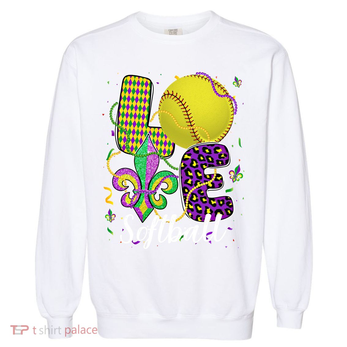 Love Softball Ball And Fleur De Lis Beads Fat Tuesday Parade Cool Gift Garment-Dyed Sweatshirt