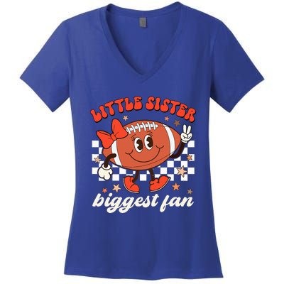 Little Sister Biggest Fan Football Game Day Season Retro Women's V-Neck T-Shirt