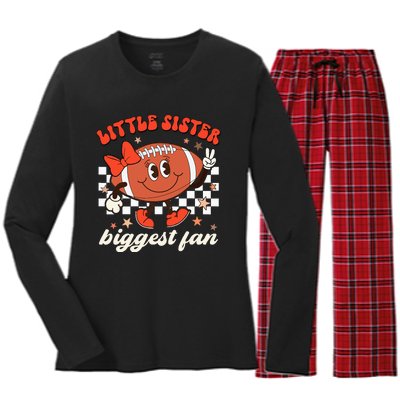 Little Sister Biggest Fan Football Game Day Season Retro Women's Long Sleeve Flannel Pajama Set 