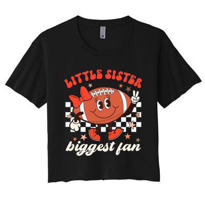 Little Sister Biggest Fan Football Game Day Season Retro Women's Crop Top Tee