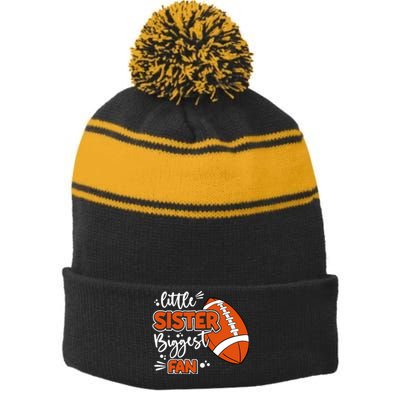 Little Sister Biggest Fan Football Football Girl Stripe Pom Pom Beanie