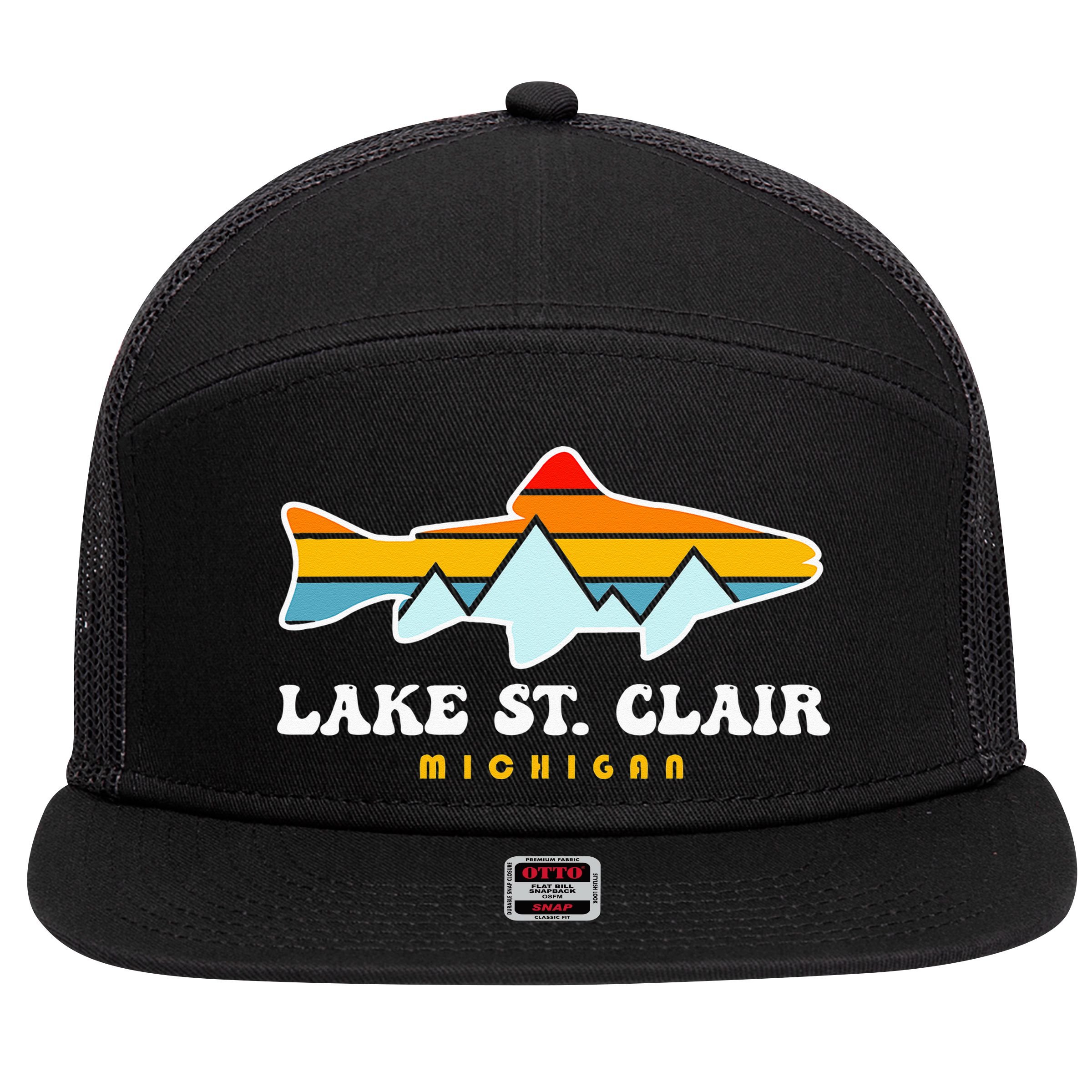 Lake St. Clair Fishing Michigan Fish 7 Panel Mesh Trucker Snapback Hat