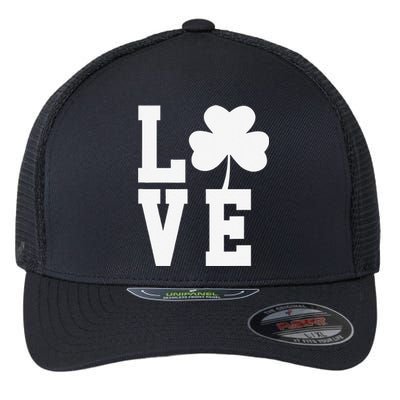 LOVE Shamrock Clover Saint Patrick's Day Flexfit Unipanel Trucker Cap