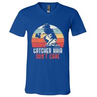 Love Softball Catcher Hair DonT Care Fun Gift Design Meaningful Gift V-Neck T-Shirt