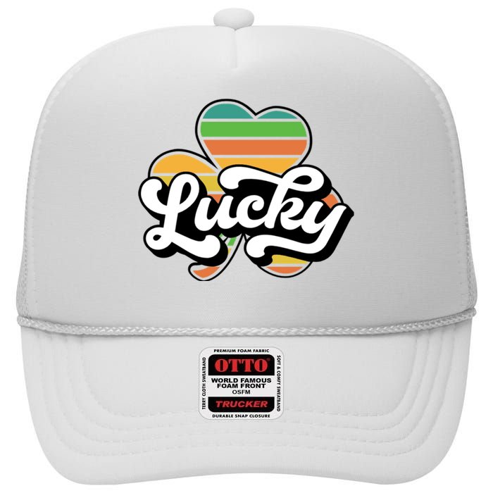 Lucky Sign Clover Leaf St Patricks Day High Crown Mesh Back Trucker Hat