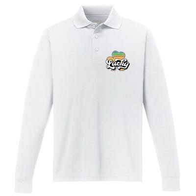 Lucky Sign Clover Leaf St Patricks Day Performance Long Sleeve Polo