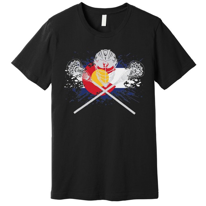 Lacrosse Sticks Crossed Helmet Lax Colorado Flag Premium T-Shirt