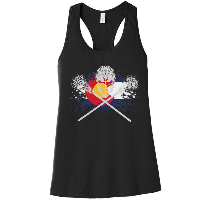 Lacrosse Sticks Crossed Helmet Lax Colorado Flag Women's Racerback Tank