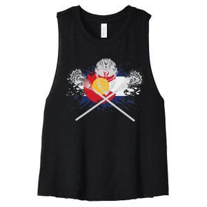 Lacrosse Sticks Crossed Helmet Lax Colorado Flag Women's Racerback Cropped Tank