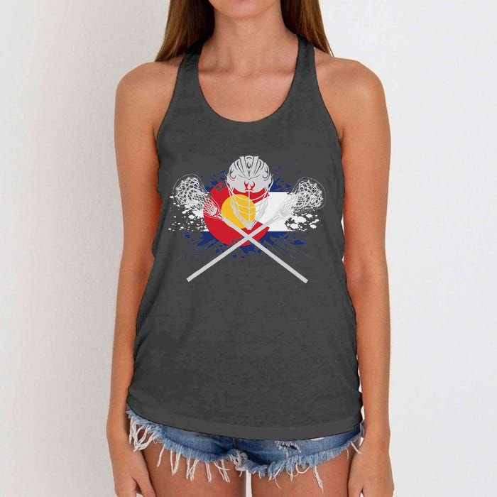 Lacrosse Sticks Crossed Helmet Lax Colorado Flag Women's Knotted Racerback Tank