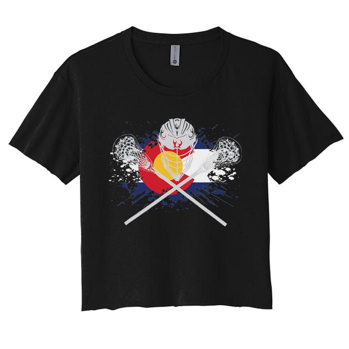 Lacrosse Sticks Crossed Helmet Lax Colorado Flag Women's Crop Top Tee