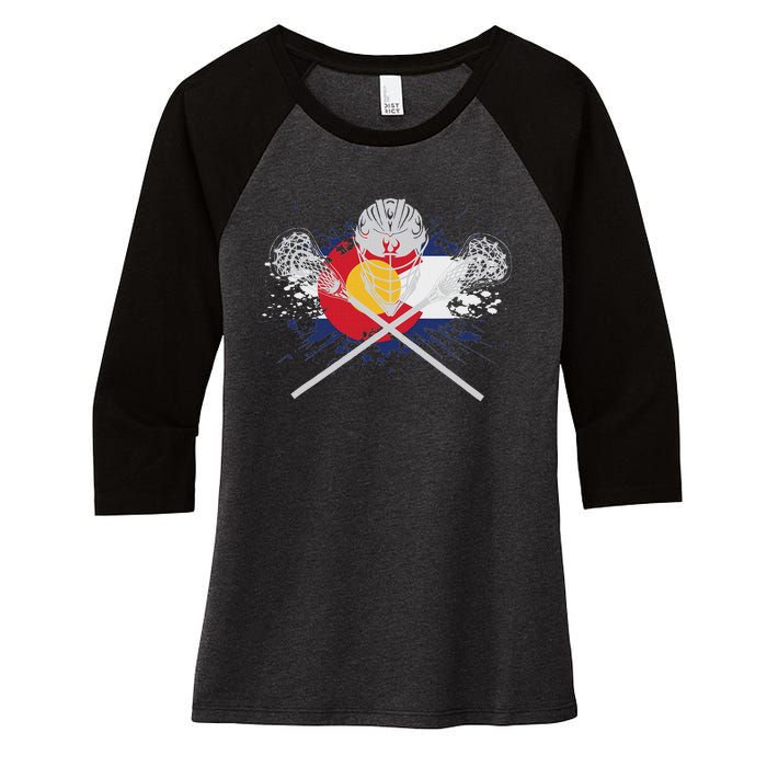 Lacrosse Sticks Crossed Helmet Lax Colorado Flag Women's Tri-Blend 3/4-Sleeve Raglan Shirt